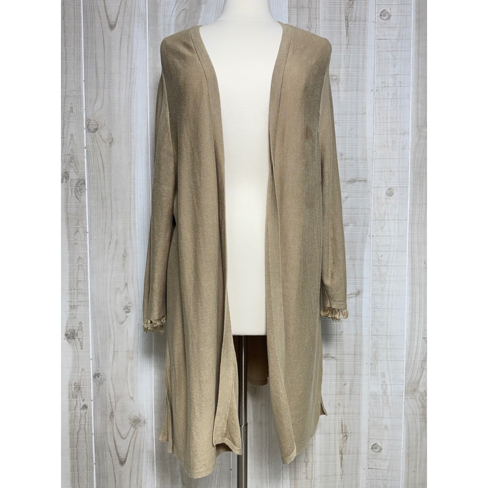 J. Jill Women 3X Linen Blend Fringe Cuff Open Front Longline Cardigan Tan Khaki